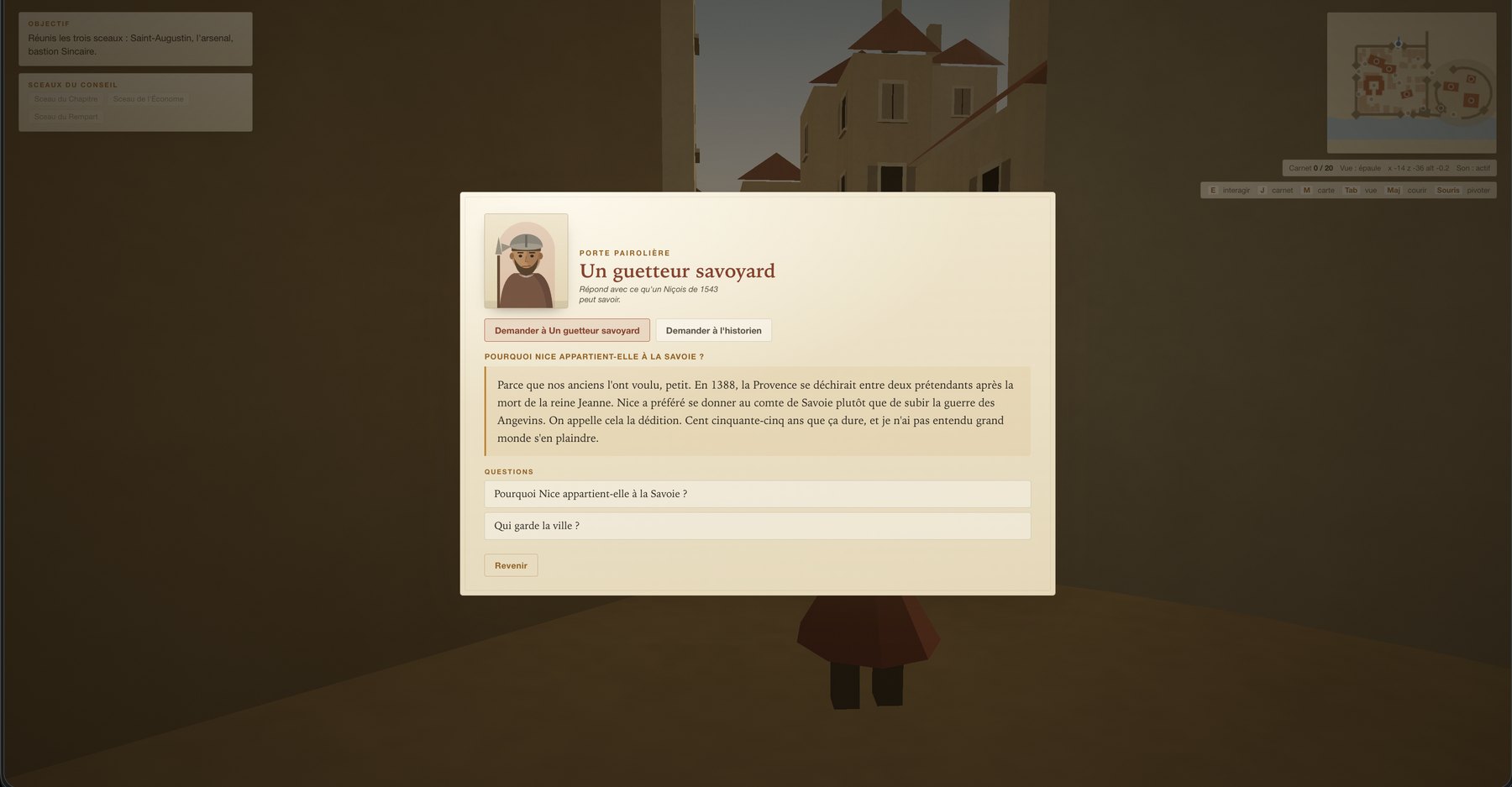 Dialogue panel offering a choice between asking the character and asking the historian